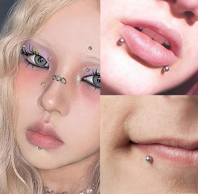 JFORYOU Fake Eyebrow Ring Fake Lip Labret Studs Replacement Balls Spike with 100pcs Sticker Non-Piercing Body Jewelry Fake Skin Piercing - Image 4